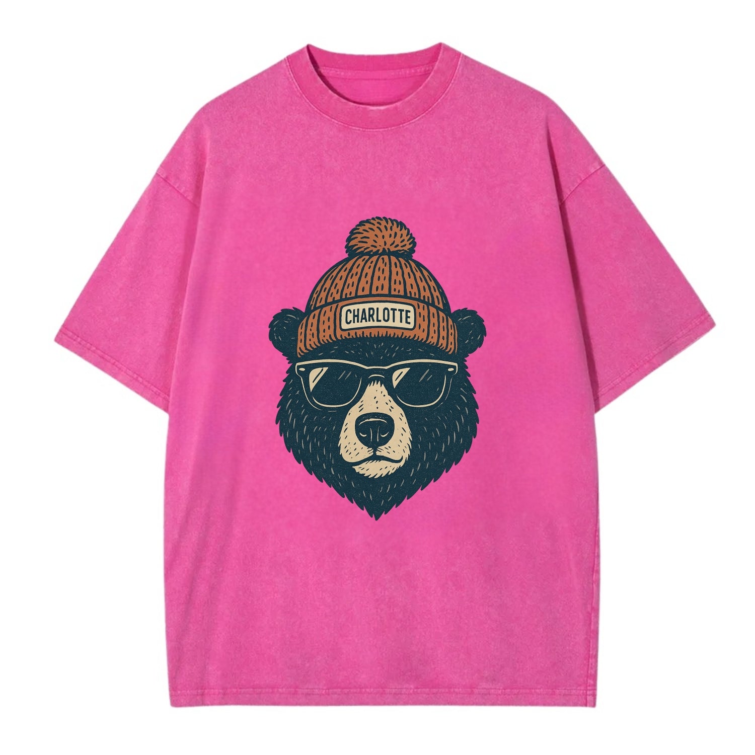 North Carolina Black Bear wearing Charlotte beanie with pom pom and wayfarer - Vintage T-shirt - Dusty Rose(Rose)