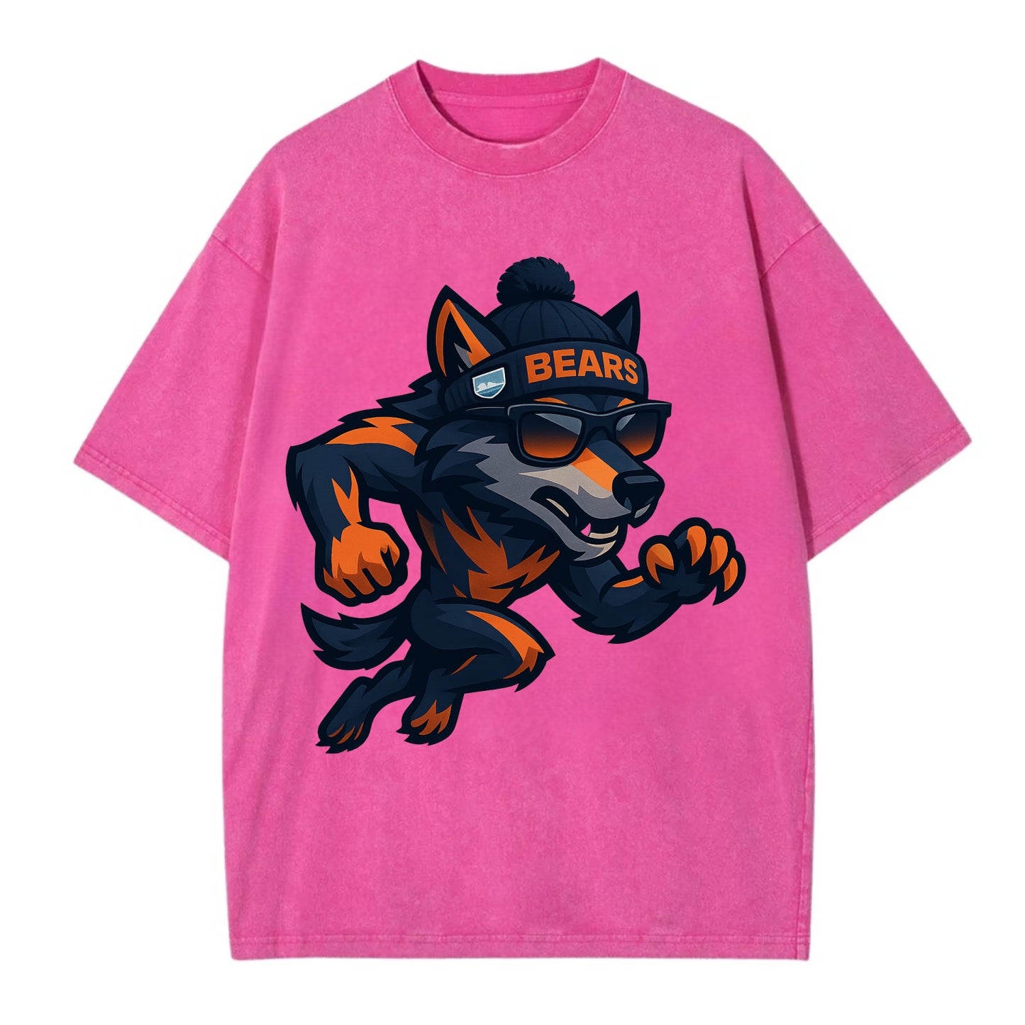 Chicago Wolf wearing Bears beanie with Lake Michigan patch and wayfarer sunglasses - Vintage T-shirt - Dusty Rose(Rose)