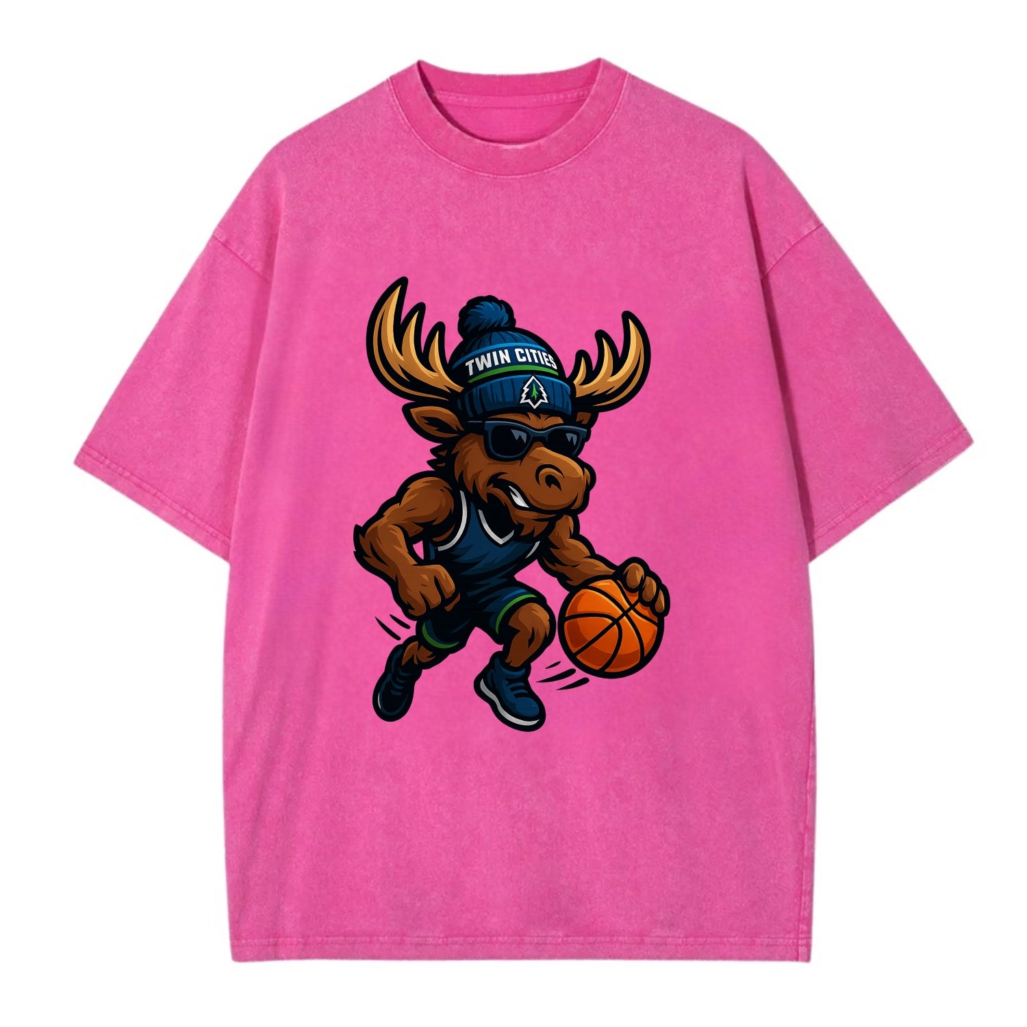 Twin Cities Moose wearing Timberwolves beanie with pine tree patch and wayfarer - Vintage T-shirt - Dusty Rose(Rose)