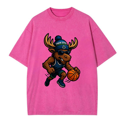 Twin Cities Moose wearing Timberwolves beanie with pine tree patch and wayfarer - Vintage T-shirt - Dusty Rose(Rose)