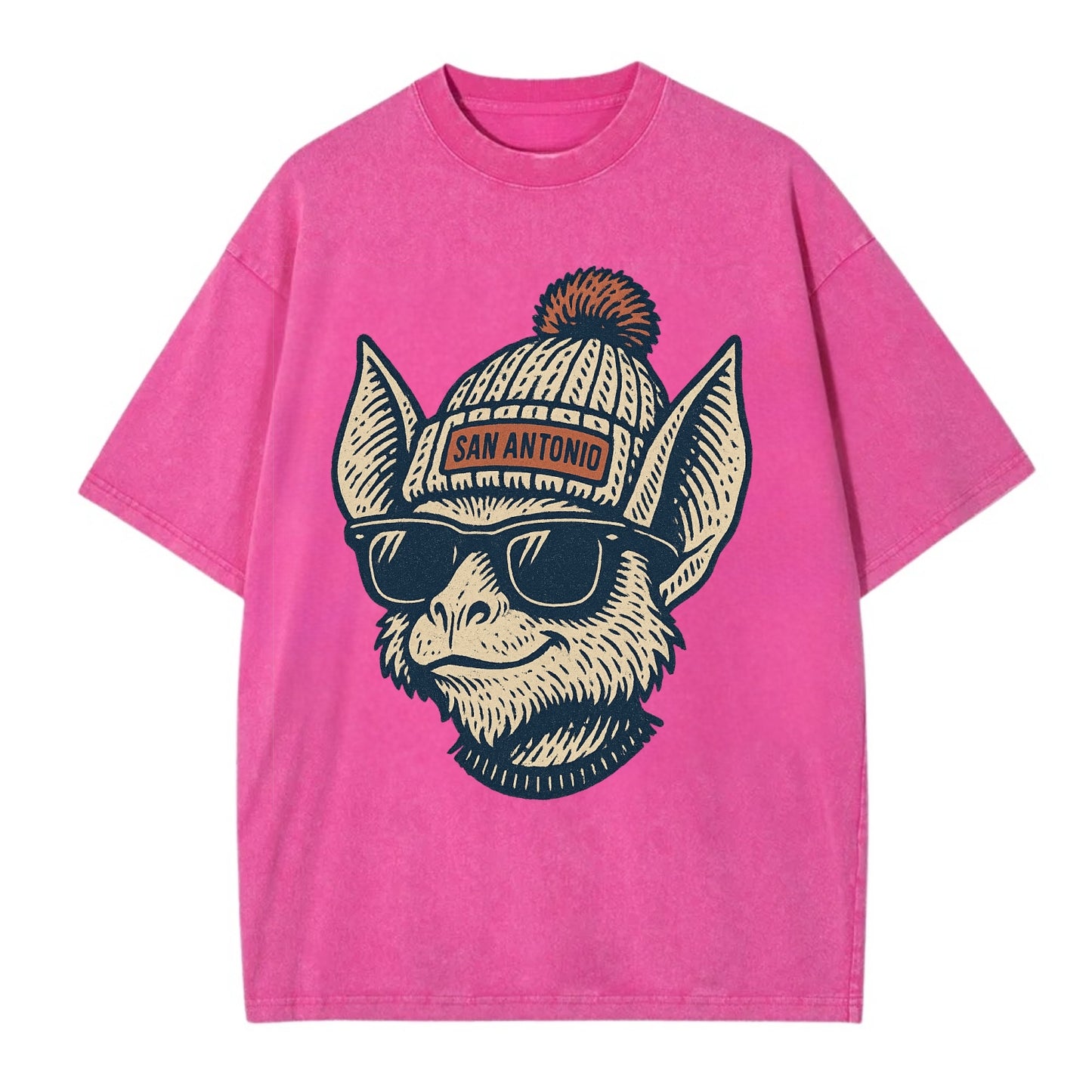 San Antonio Bat wearing San Antonio beanie with pom pom and wayfarer sunglasses - Vintage T-shirt - Dusty Rose(Rose)