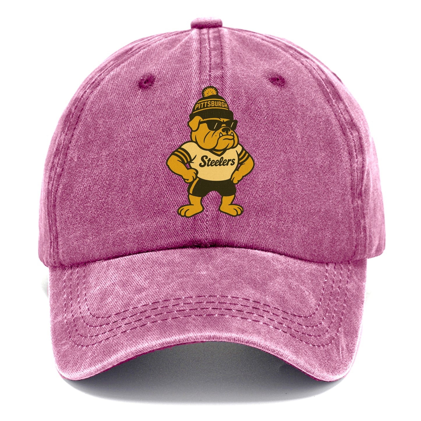 Pittsburgh Bulldog wearing Steelers black and gold beanie with pom pom and wayfarer - Classic Cap - Dusty Rose(Rose)