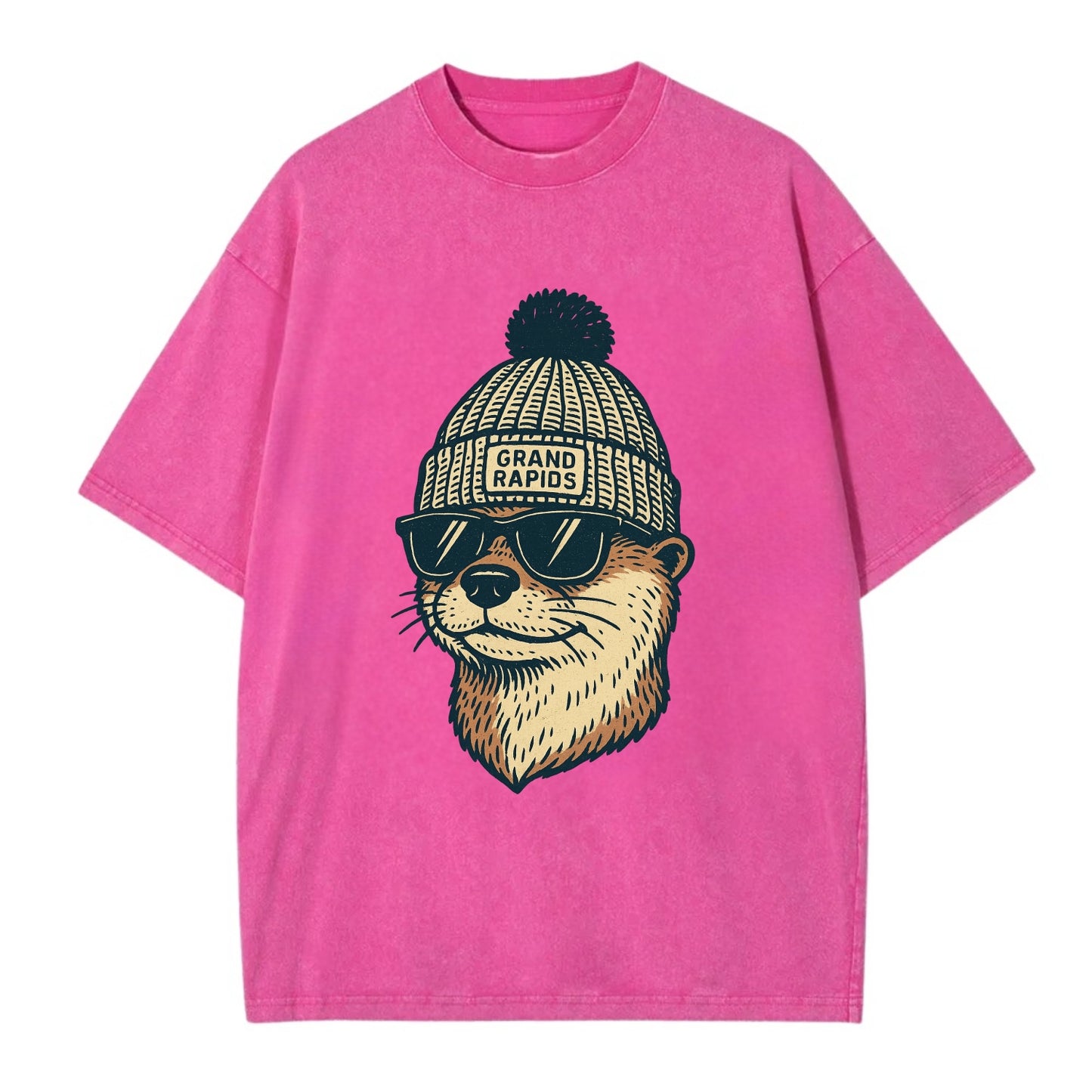 Grand Rapids River Otter wearing Grand Rapids beanie with pom pom and wayfarer - Vintage T-shirt - Dusty Rose(Rose)