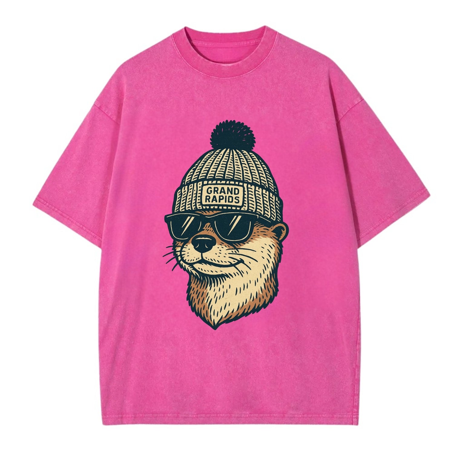 Grand Rapids River Otter wearing Grand Rapids beanie with pom pom and wayfarer - Vintage T-shirt - Dusty Rose(Rose)
