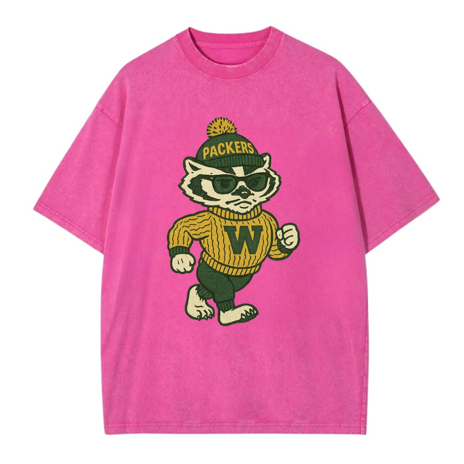 Wisconsin Badger wearing Packers green and gold beanie with pom pom and wayfarer - Vintage T-shirt - Dusty Rose(Rose)