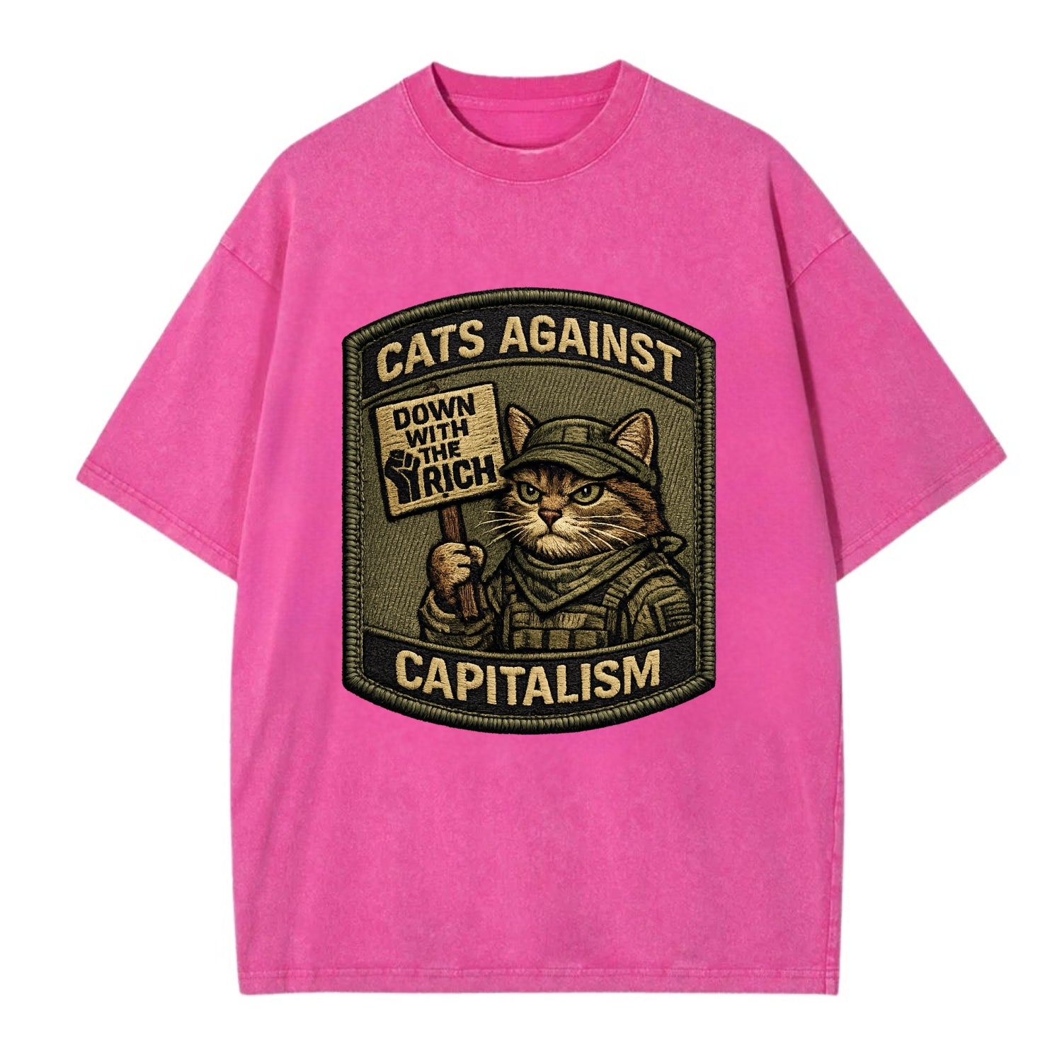 CATS AGAINST CAPITALISM - cat with protest sign in red , political cat - Vintage T-shirt - Dusty Rose(Rose)