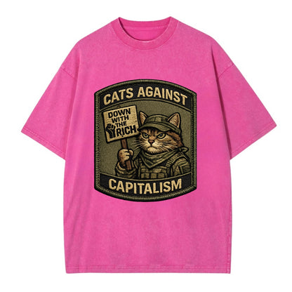 CATS AGAINST CAPITALISM - cat with protest sign in red , political cat - Vintage T-shirt - Dusty Rose(Rose)