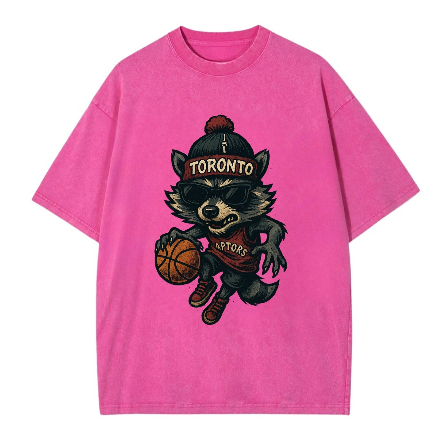 Toronto Raccoon wearing Raptors beanie with CN Tower patch and wayfarer sunglasses - Vintage T-shirt - Dusty Rose(Rose)