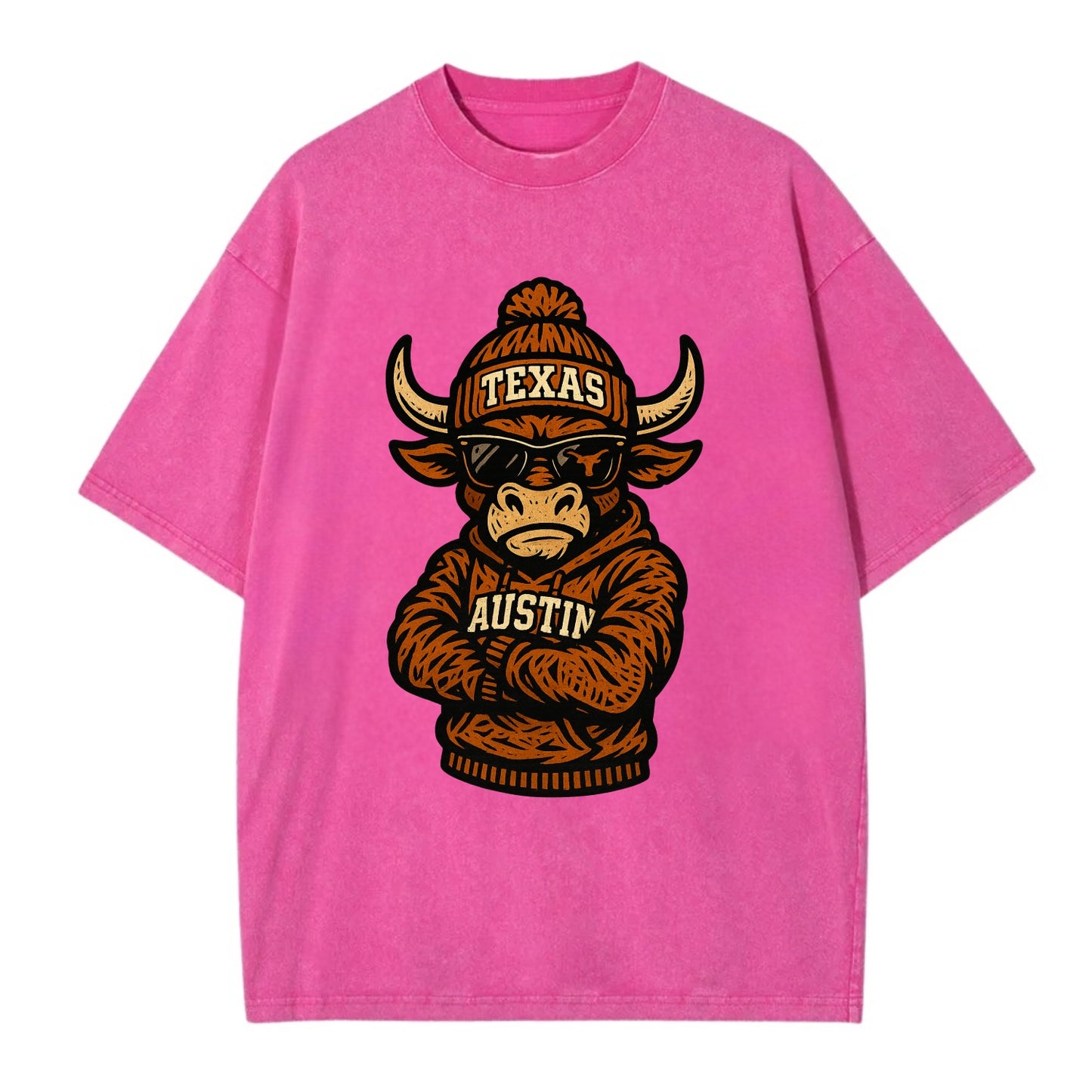 Austin Bevo wearing Texas beanie with longhorn patch - Vintage T-shirt - Dusty Rose(Rose)