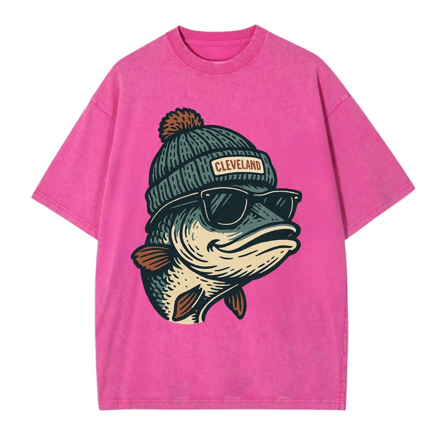 Cleveland Lake Erie Walleye wearing Cleveland beanie with pom pom and wayfarer - Vintage T-shirt - Dusty Rose(Rose)