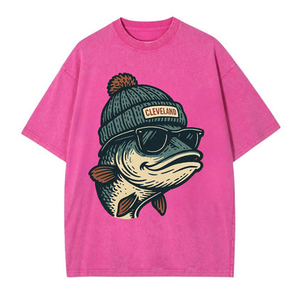 Cleveland Lake Erie Walleye wearing Cleveland beanie with pom pom and wayfarer - Vintage T-shirt - Dusty Rose(Rose)