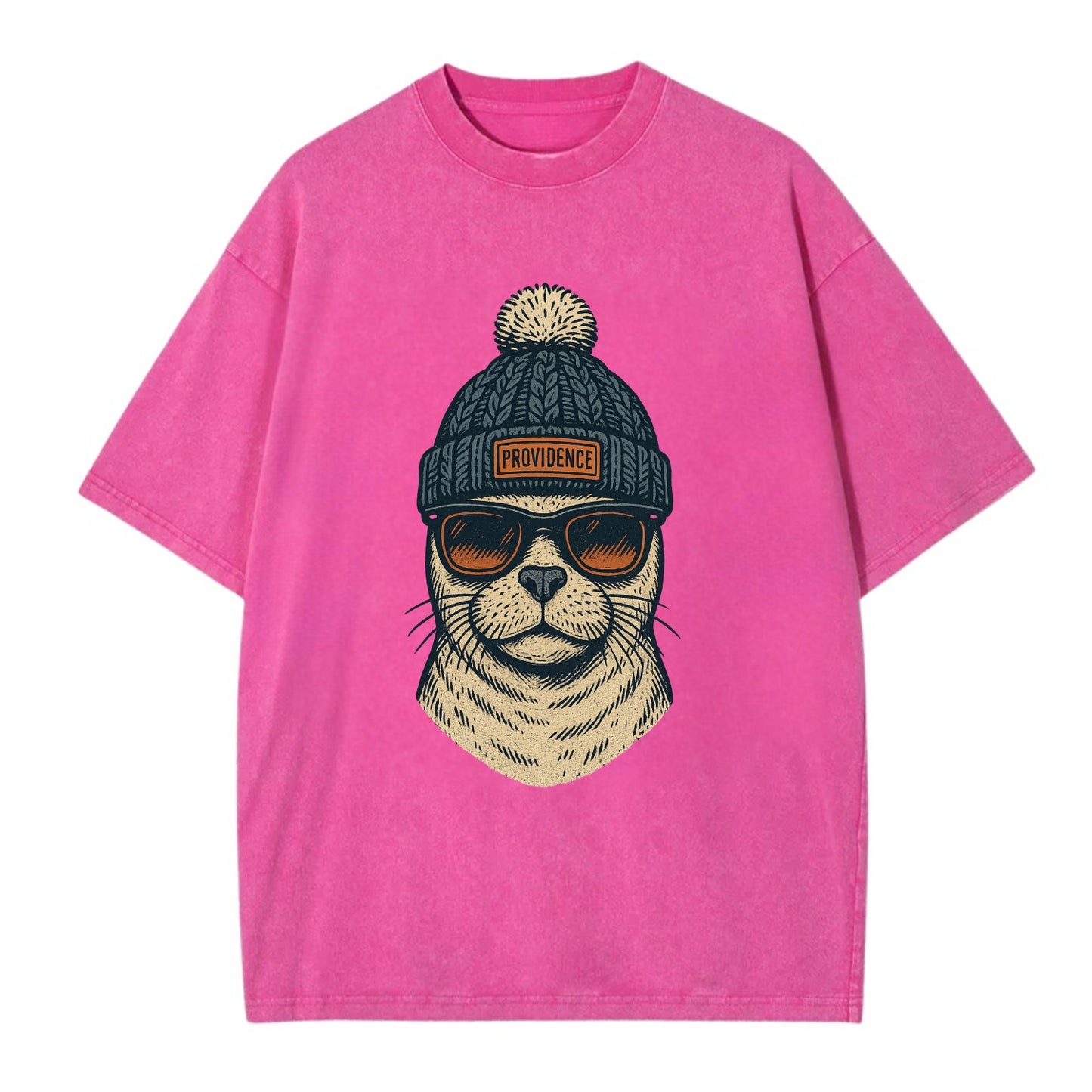 Rhode Island Harbor Seal wearing Providence beanie with pom pom and wayfarer - Vintage T-shirt - Dusty Rose(Rose)