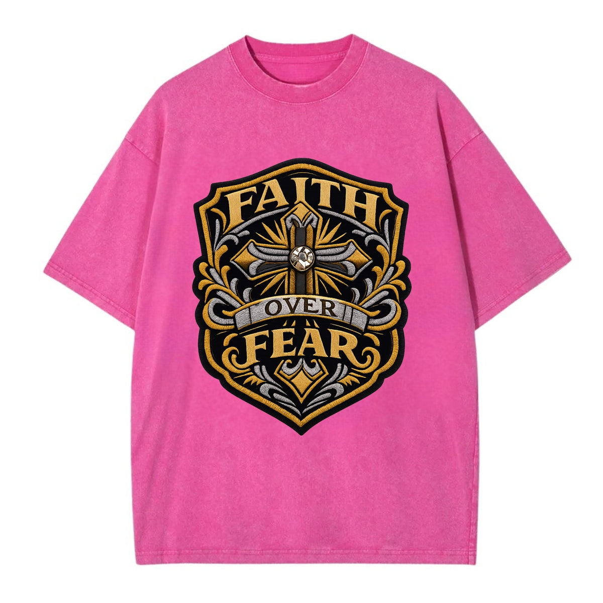 FAITH OVER FEAR - cross with text in gold , spiritual strength - Vintage T-shirt - Dusty Rose(Rose)