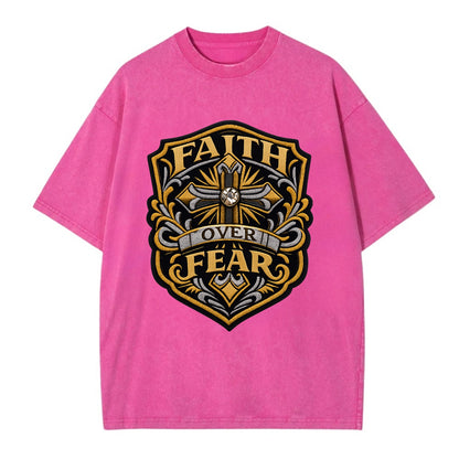 FAITH OVER FEAR - cross with text in gold , spiritual strength - Vintage T-shirt - Dusty Rose(Rose)