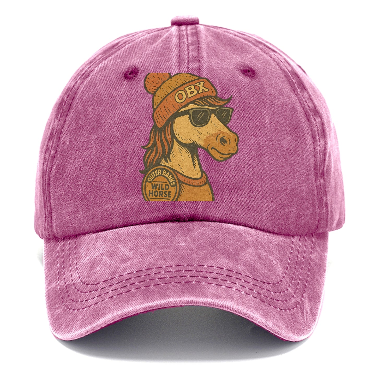 Outer Banks Wild Horse wearing OBX beanie with pom pom and wayfarer sunglasses - Classic Cap - Dusty Rose(Rose)