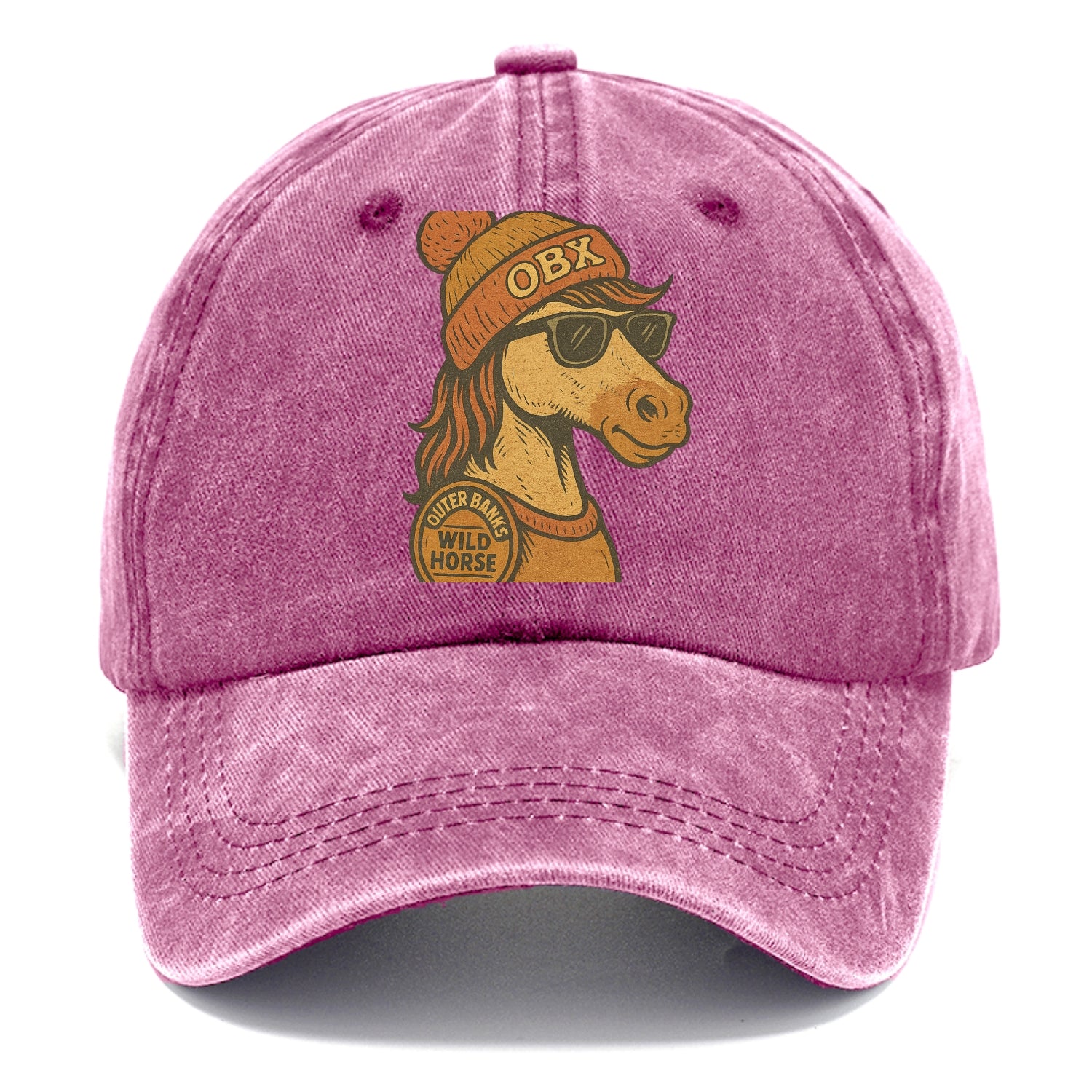 Outer Banks Wild Horse wearing OBX beanie with pom pom and wayfarer sunglasses - Classic Cap - Dusty Rose(Rose)