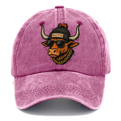 Texas Longhorn wearing Austin beanie with pom pom and wayfarer sunglasses - Classic Cap - Dusty Rose(Rose)