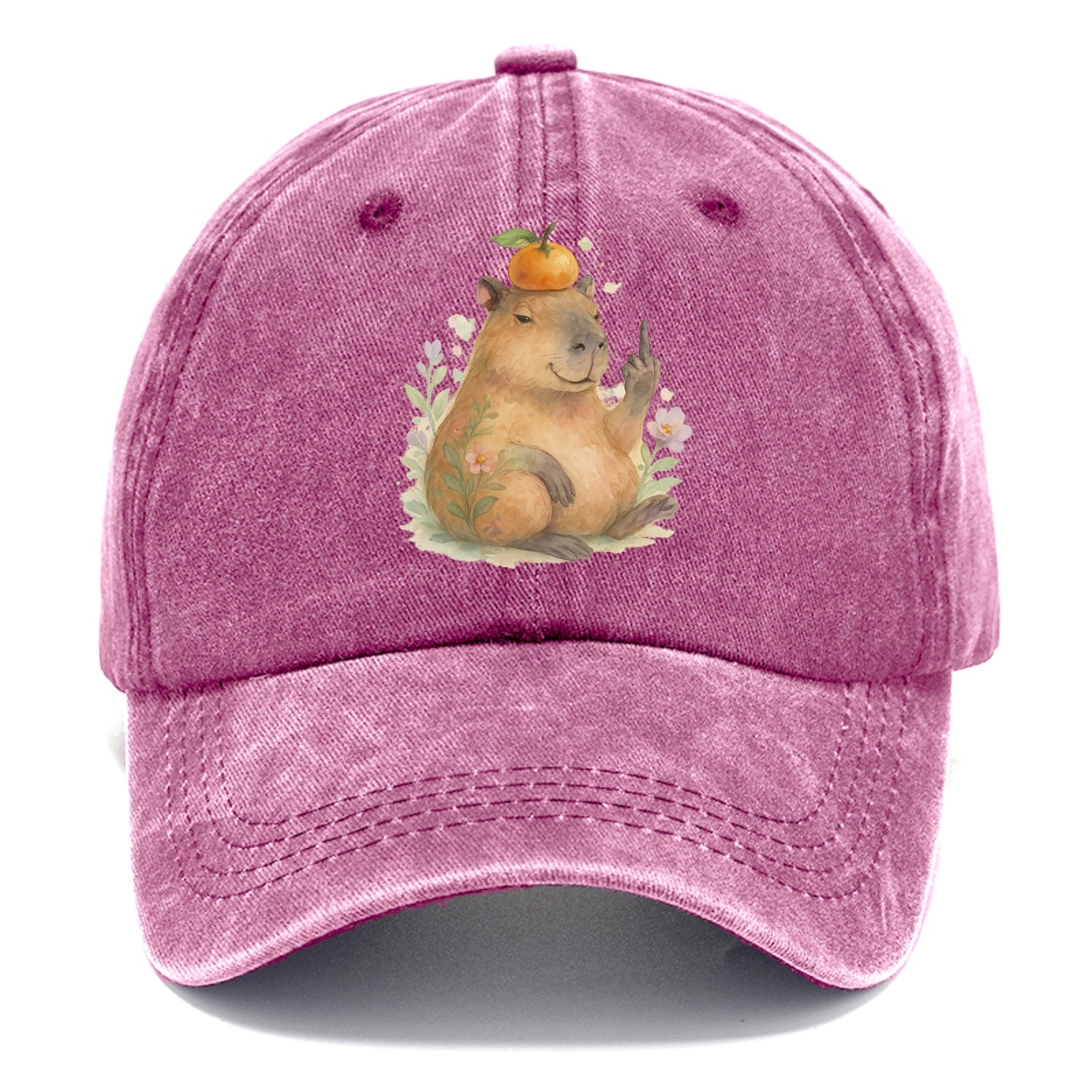 chonky capybara relaxing with orange on head, one webbed middle finger up - Classic Cap - Dusty Rose(Rose)