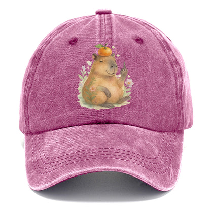 chonky capybara relaxing with orange on head, one webbed middle finger up - Classic Cap - Dusty Rose(Rose)