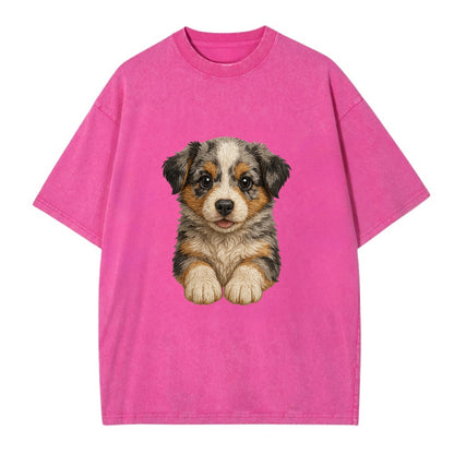 Baby Australian Shepherd Puppy - merle coat, bright eyes, fluffy, front-facing, - Vintage T-shirt - Dusty Rose(Rose)