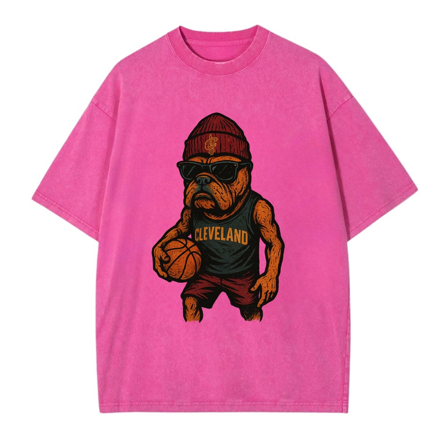 Cleveland Bulldog wearing Cavaliers wine and gold beanie with sword patch and - Vintage T-shirt - Dusty Rose(Rose)