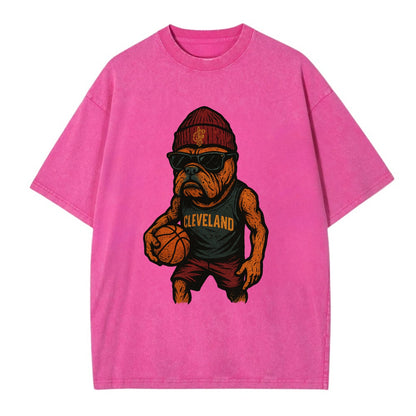 Cleveland Bulldog wearing Cavaliers wine and gold beanie with sword patch and - Vintage T-shirt - Dusty Rose(Rose)