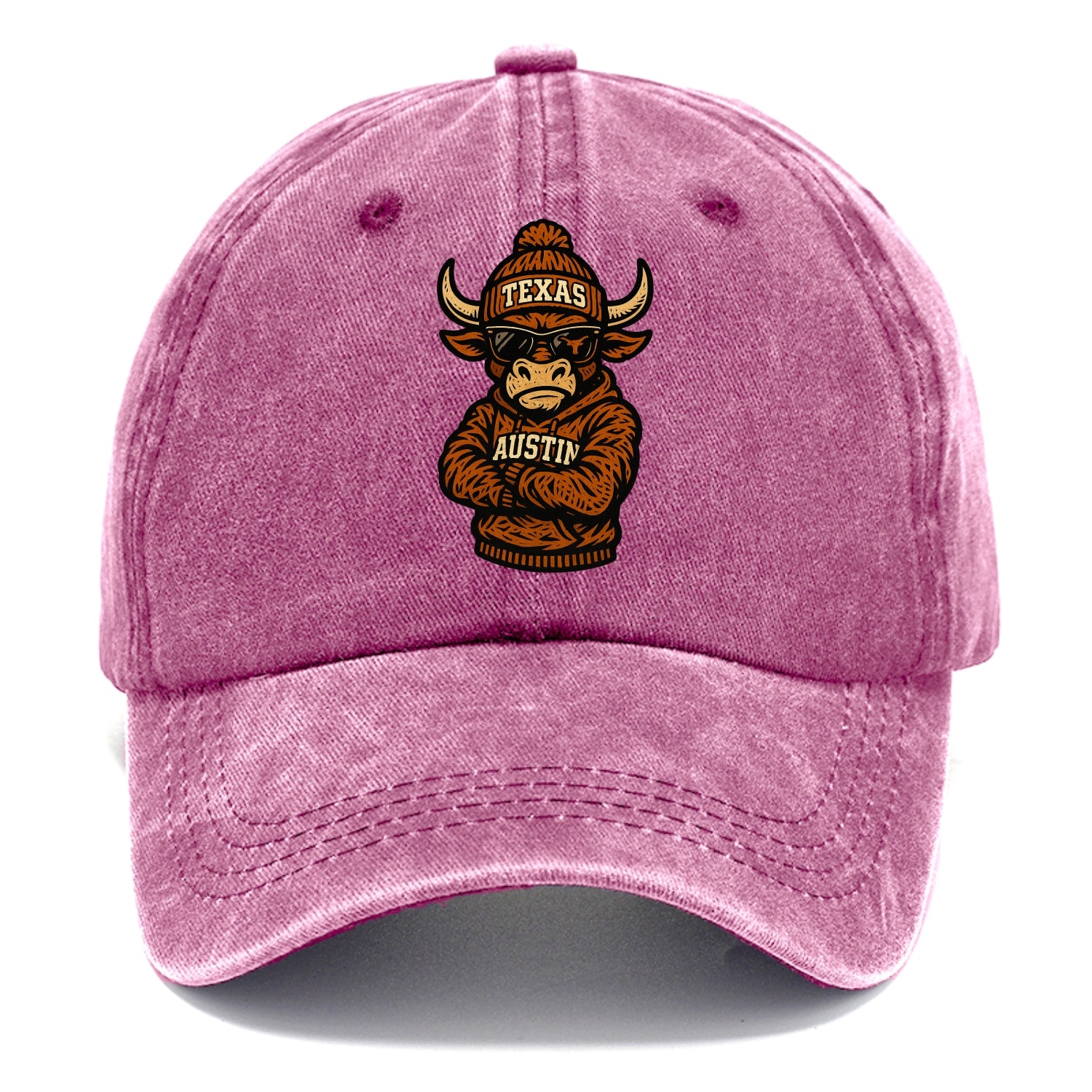Austin Bevo wearing Texas beanie with longhorn patch - Classic Cap - Dusty Rose(Rose)