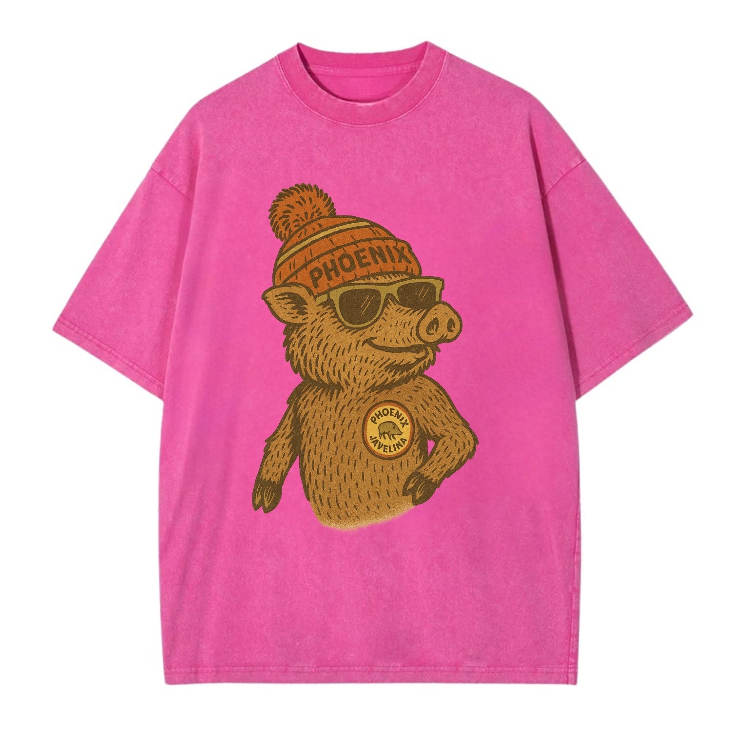 Phoenix Javelina wearing Phoenix beanie with pom pom and wayfarer sunglasses - Vintage T-shirt - Dusty Rose(Rose)
