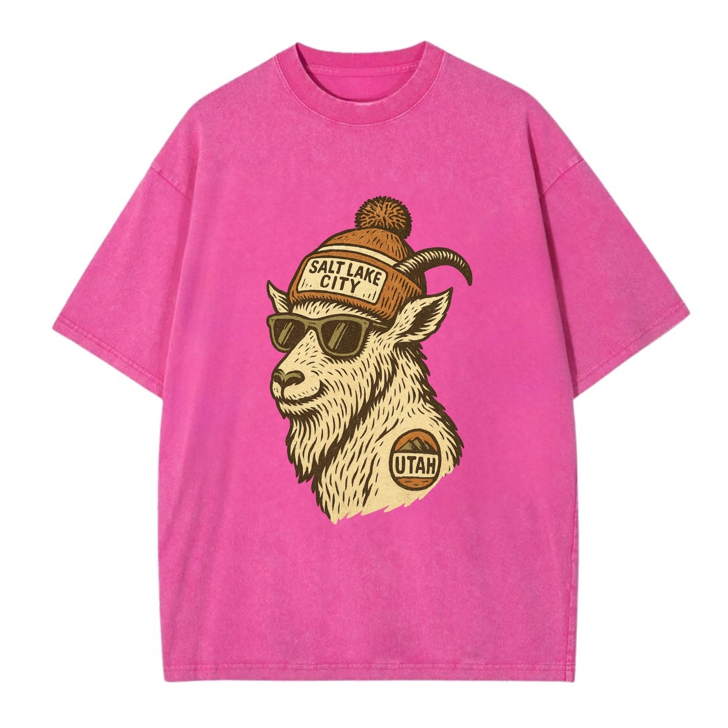 Utah Mountain Goat wearing Salt Lake City beanie with pom pom and wayfarer - Vintage T-shirt - Dusty Rose(Rose)