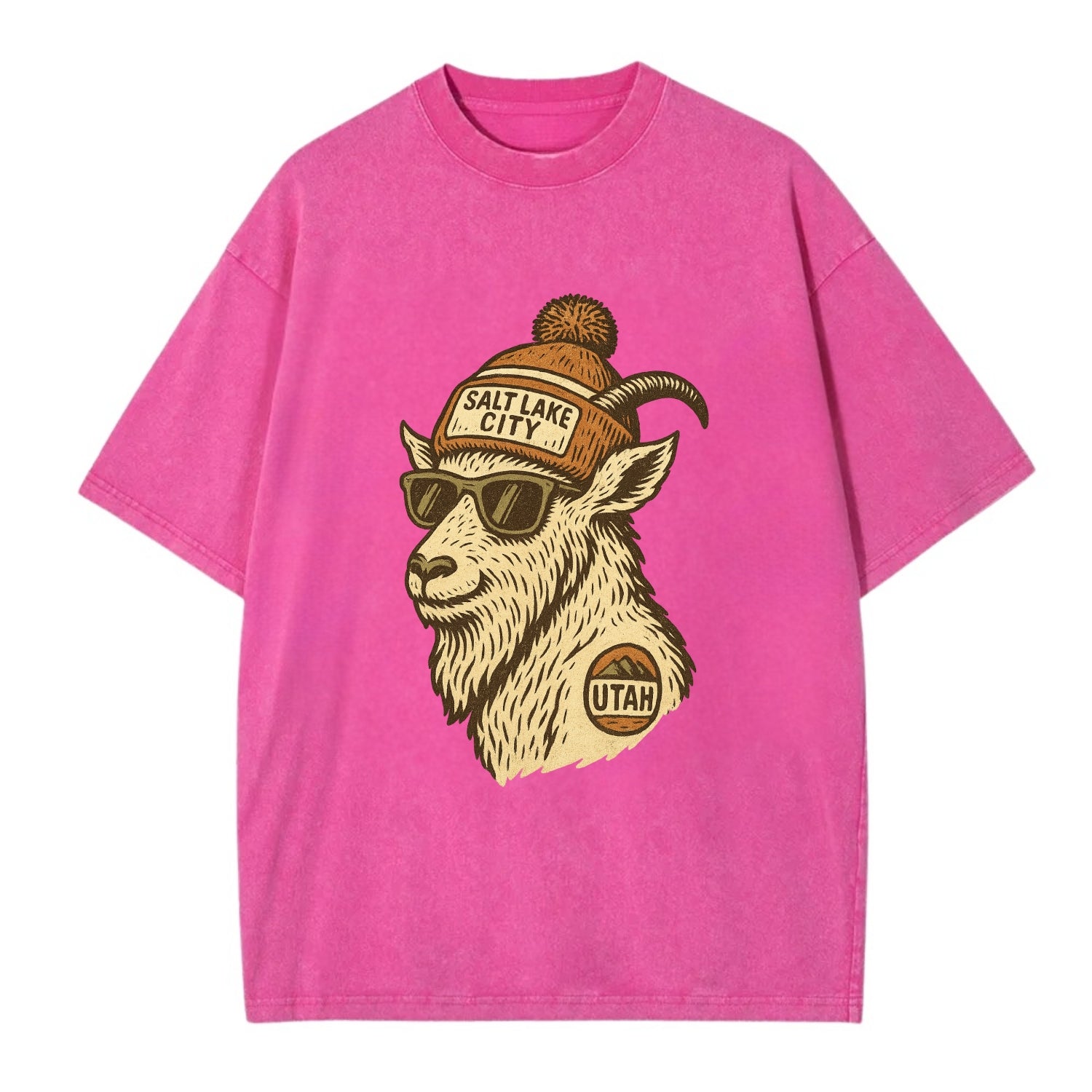 Utah Mountain Goat wearing Salt Lake City beanie with pom pom and wayfarer - Vintage T-shirt - Dusty Rose(Rose)