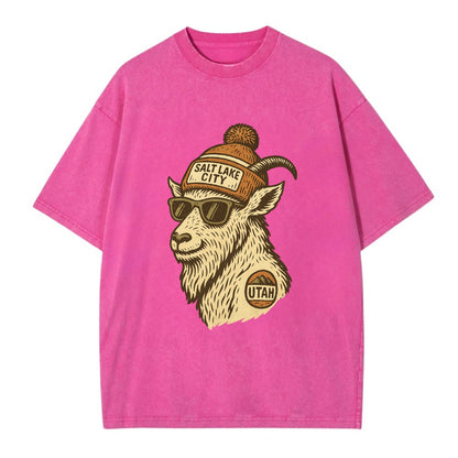 Utah Mountain Goat wearing Salt Lake City beanie with pom pom and wayfarer - Vintage T-shirt - Dusty Rose(Rose)