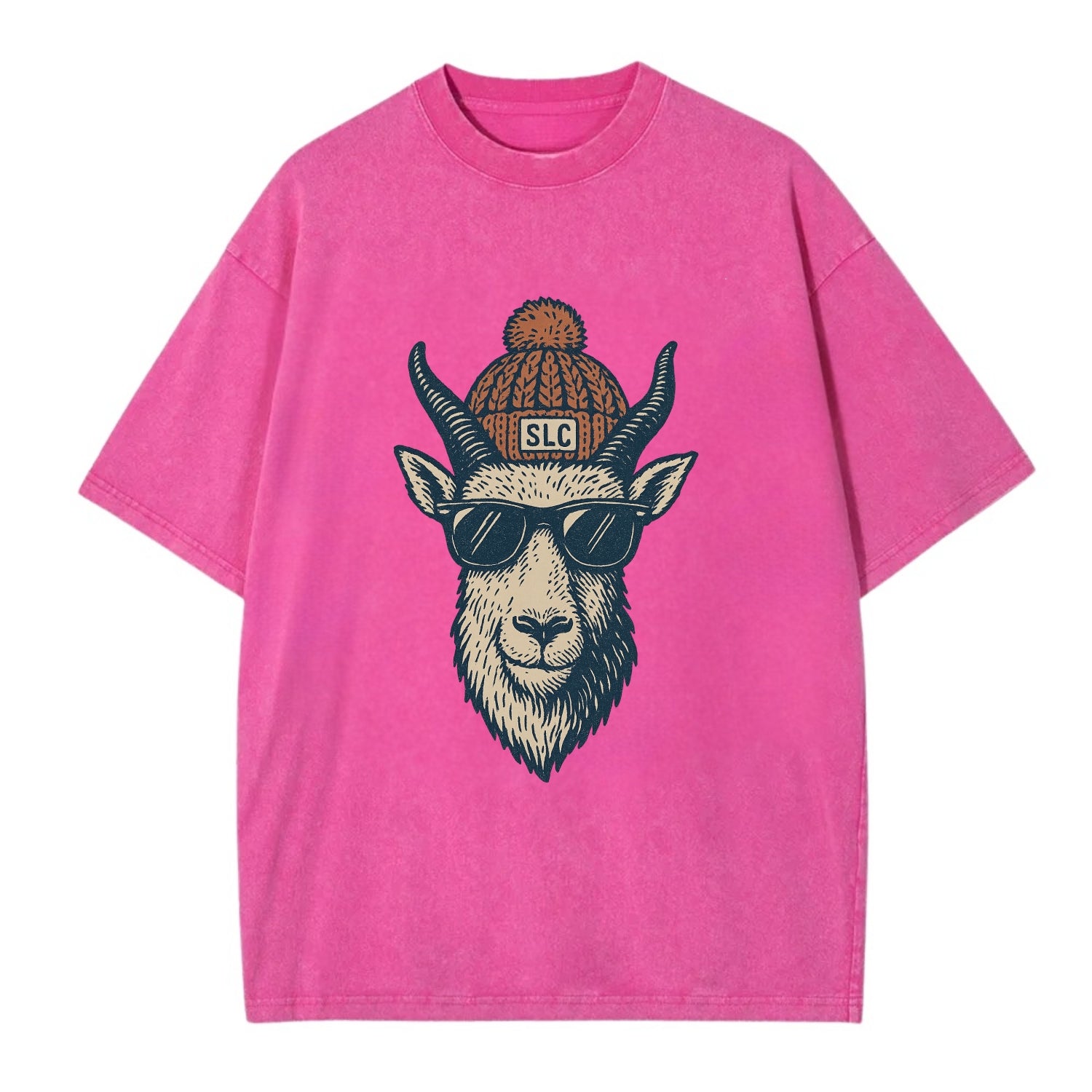 Salt Lake City Mountain Goat wearing SLC beanie with pom pom and wayfarer - Vintage T-shirt - Dusty Rose(Rose)