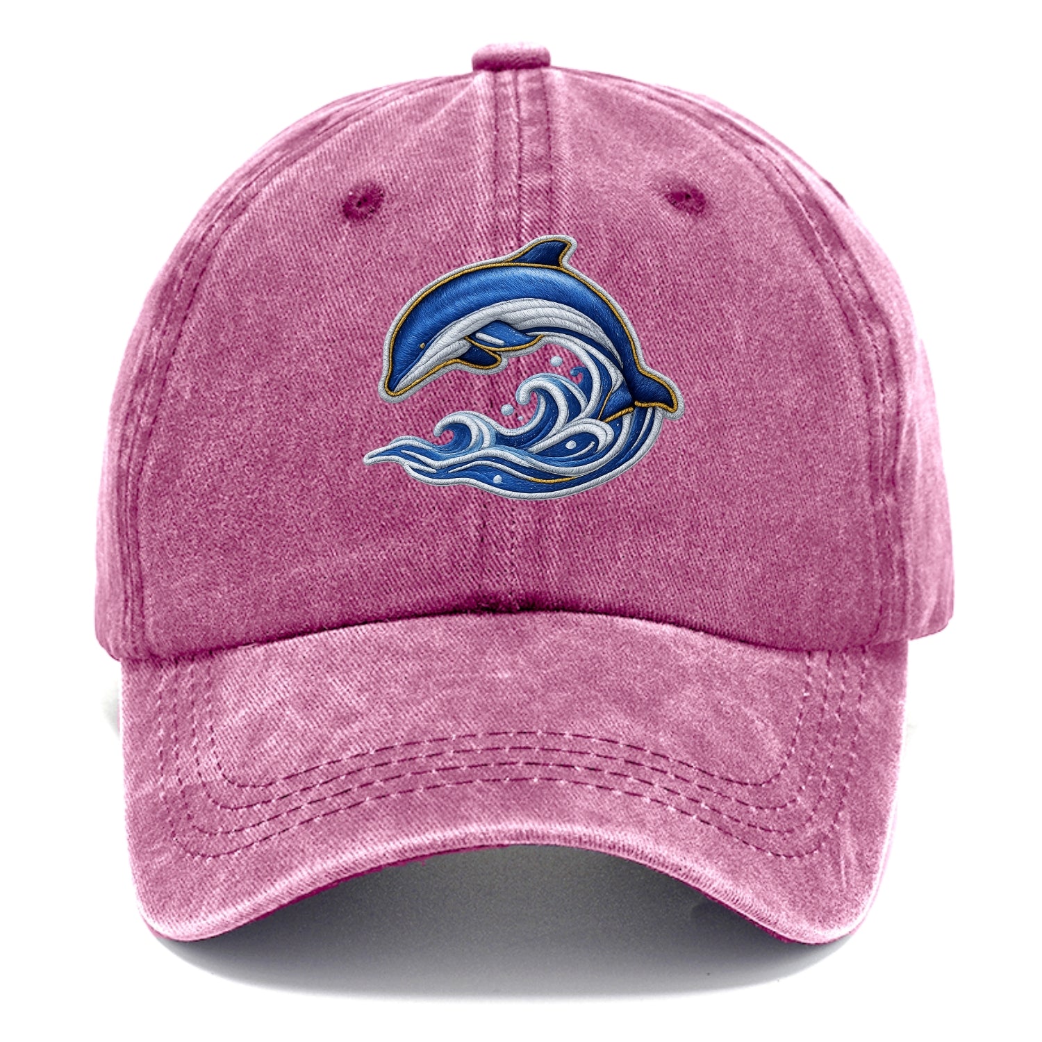 Embroidered patch design - SWIMMING DOLPHIN - diving dolphin with waves in blue and - Classic Cap - Dusty Rose(Rose)