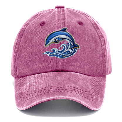 Embroidered patch design - SWIMMING DOLPHIN - diving dolphin with waves in blue and - Classic Cap - Dusty Rose(Rose)