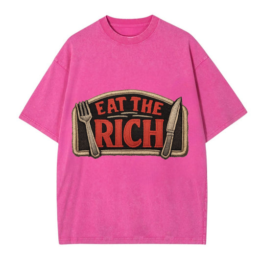 EAT THE RICH - fork and knife with text in red and silver , class war - Vintage T-shirt - Dusty Rose(Rose)