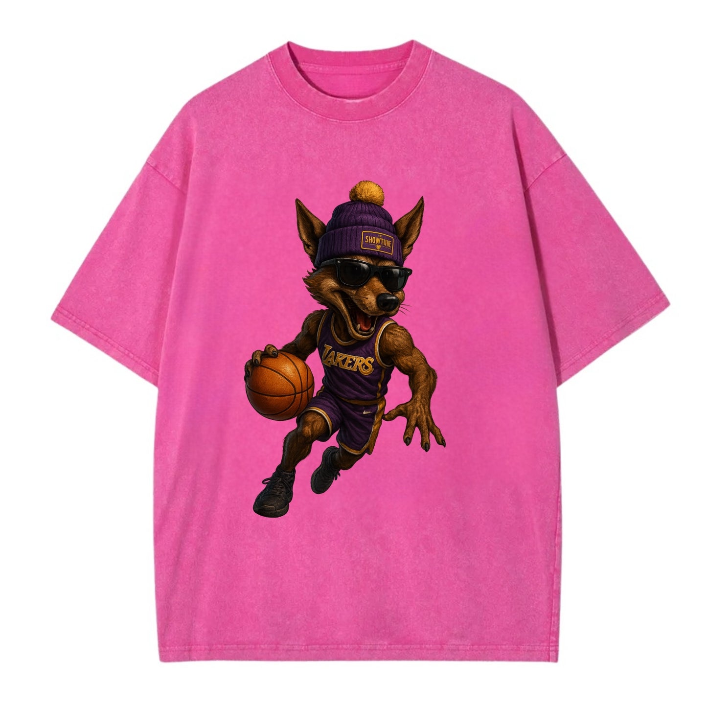 Hollywood Coyote wearing Lakers beanie with Showtime patch and wayfarer sunglasses - Vintage T-shirt - Dusty Rose(Rose)