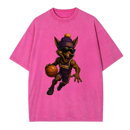 Hollywood Coyote wearing Lakers beanie with Showtime patch and wayfarer sunglasses - Vintage T-shirt - Dusty Rose(Rose)