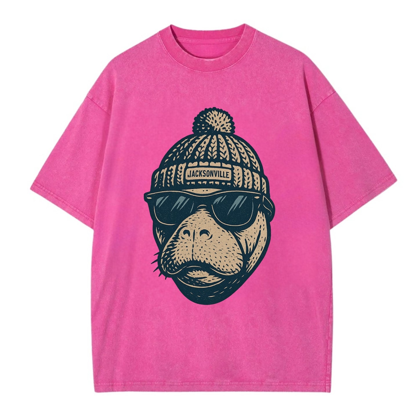 Jacksonville Manatee wearing Jacksonville beanie with pom pom and wayfarer - Vintage T-shirt - Dusty Rose(Rose)