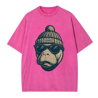 Jacksonville Manatee wearing Jacksonville beanie with pom pom and wayfarer - Vintage T-shirt - Dusty Rose(Rose)