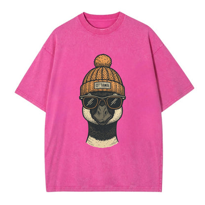 Ottawa Canadian Goose wearing Ottawa beanie with pom pom and wayfarer sunglasses - Vintage T-shirt - Dusty Rose(Rose)