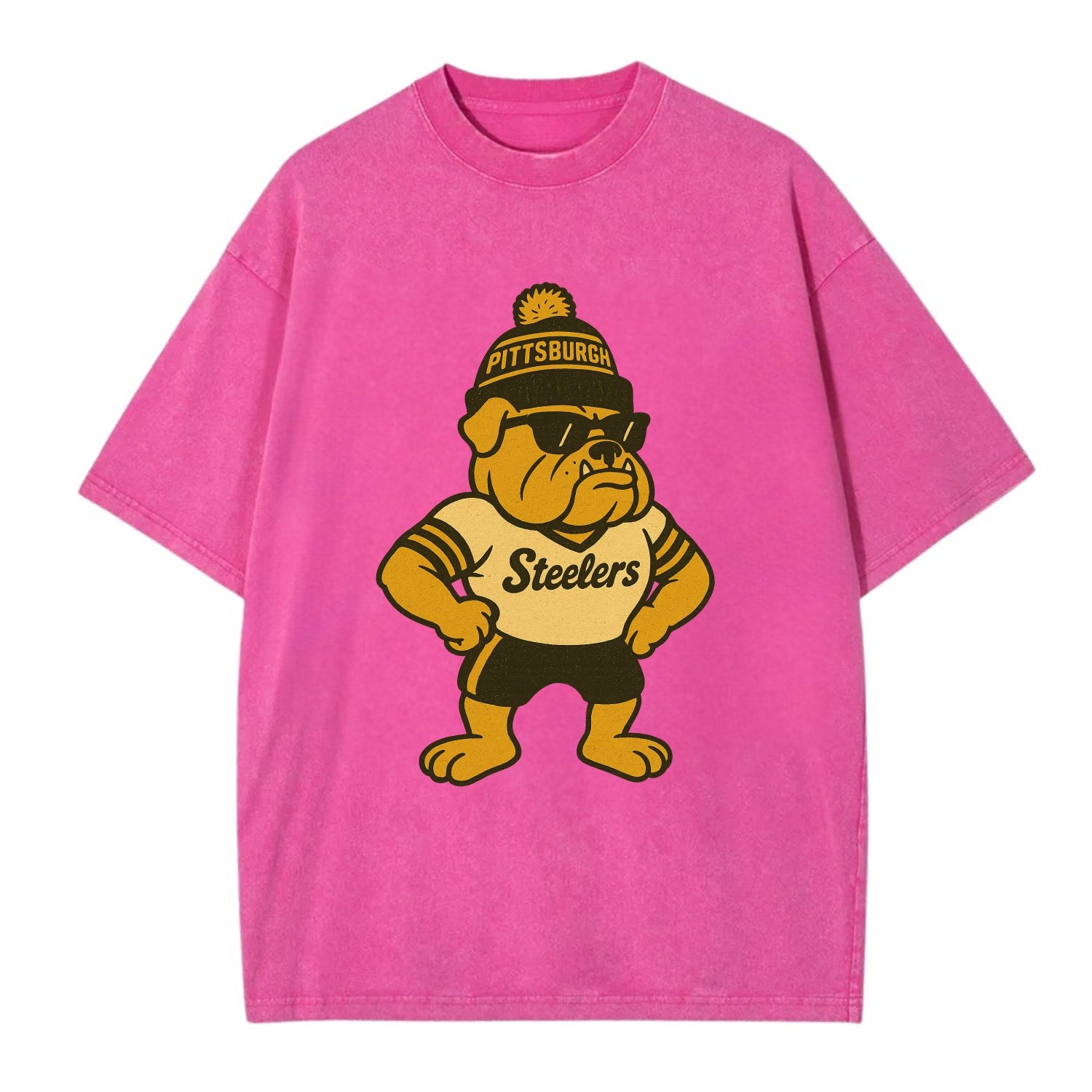 Pittsburgh Bulldog wearing Steelers black and gold beanie with pom pom and - Vintage T-shirt - Dusty Rose(Rose)