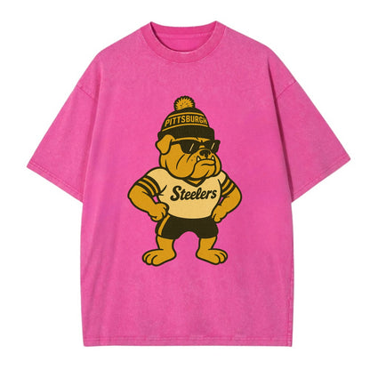 Pittsburgh Bulldog wearing Steelers black and gold beanie with pom pom and - Vintage T-shirt - Dusty Rose(Rose)