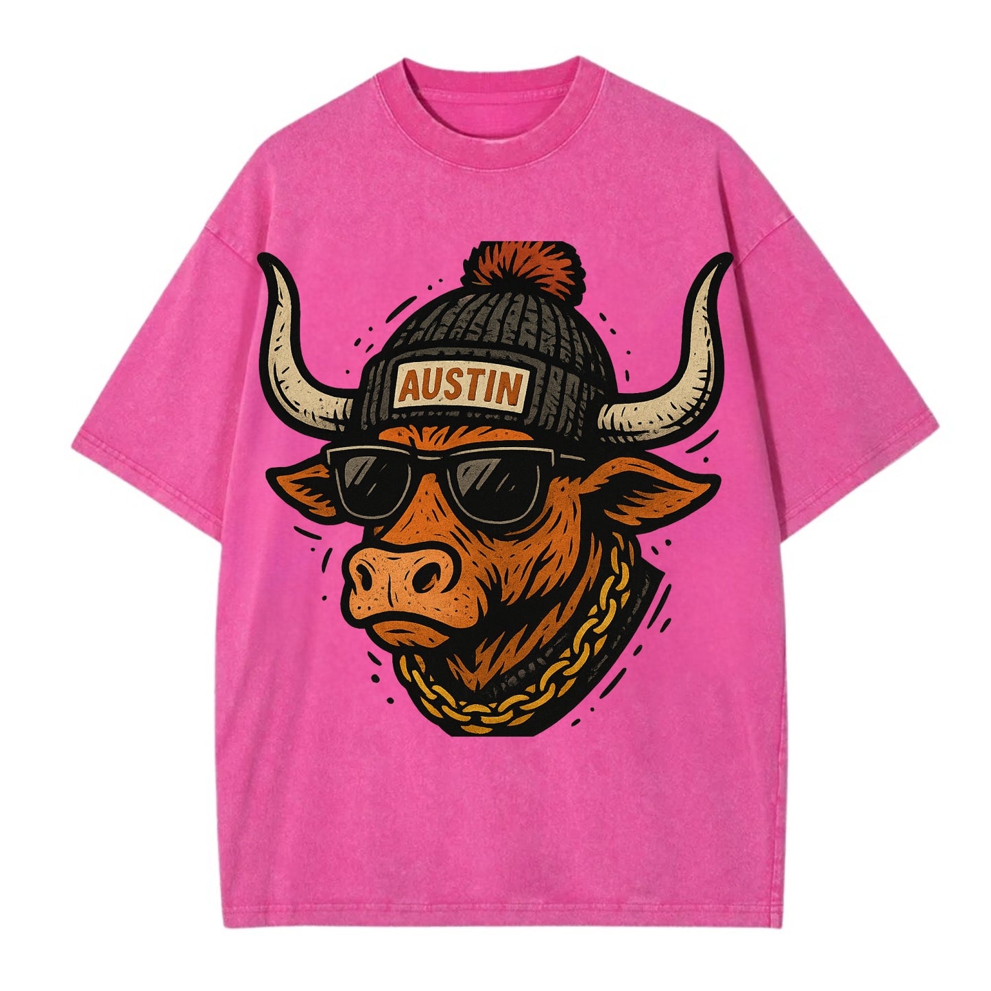 Texas Longhorn wearing Austin beanie with pom pom and wayfarer sunglasses - Vintage T-shirt - Dusty Rose(Rose)