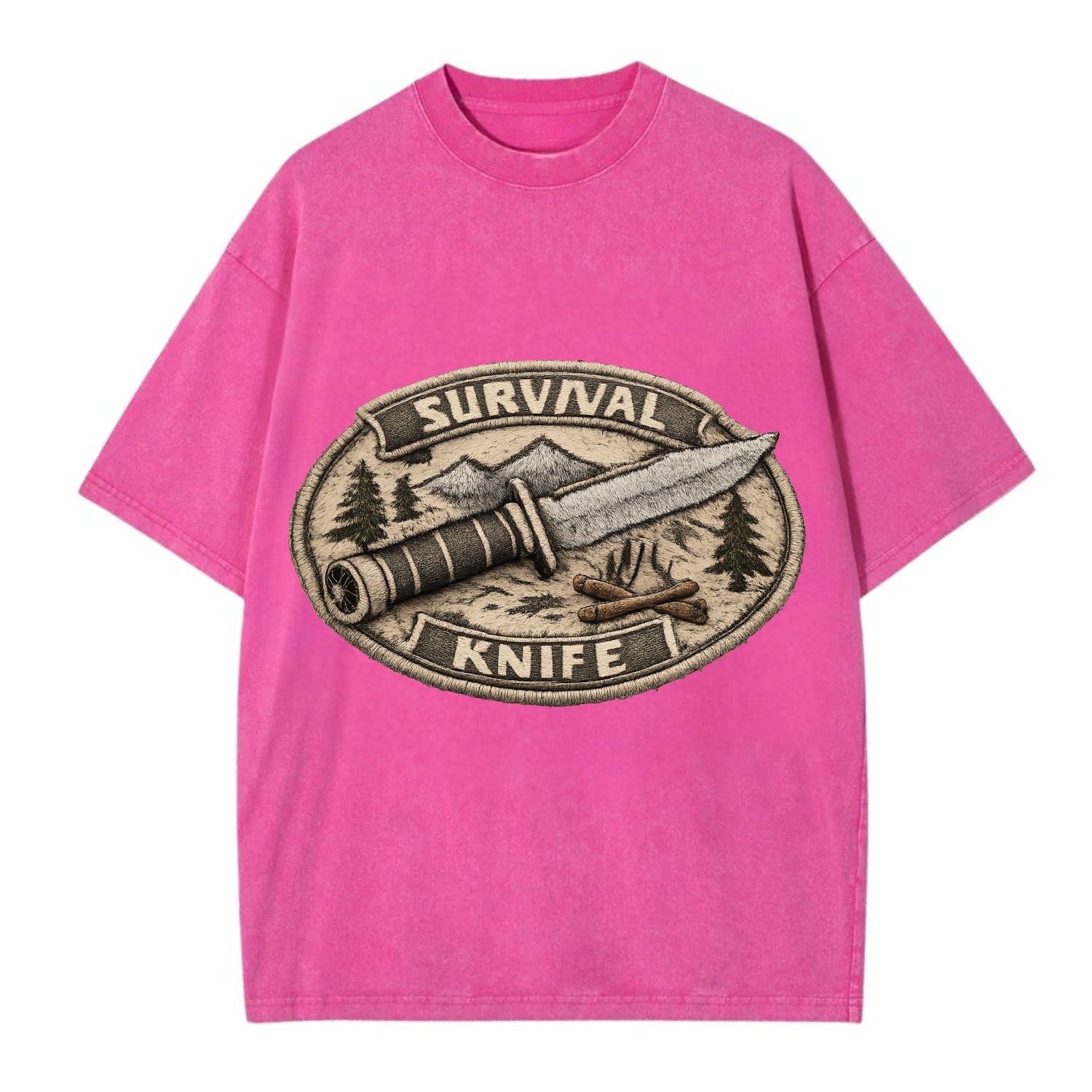 SURVIVAL KNIFE - fixed blade with compass in silver and black , bushcraft - Vintage T-shirt - Dusty Rose(Rose)