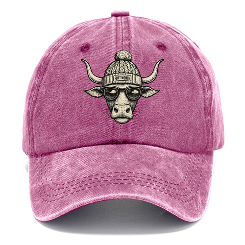 Fort Worth Longhorn wearing Fort Worth beanie with pom pom and wayfarer sunglasses - Classic Cap