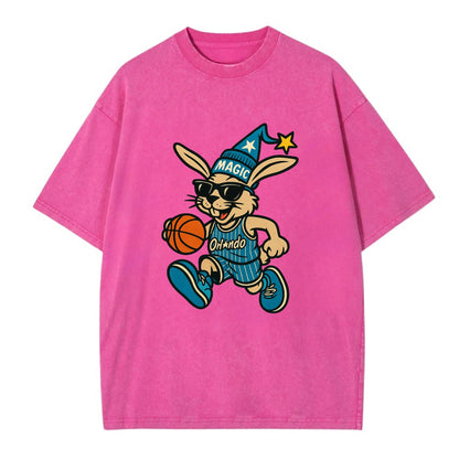 Orlando Rabbit wearing Magic blue and silver beanie with wizard hat and wayfarer - Vintage T-shirt - Dusty Rose(Rose)