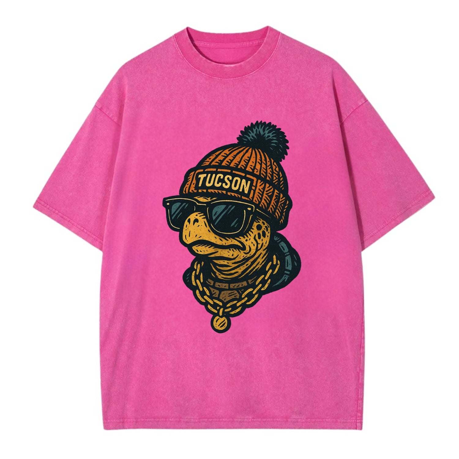 Tucson Desert Tortoise wearing Tucson beanie with pom pom and wayfarer sunglasses - Vintage T-shirt - Dusty Rose(Rose)