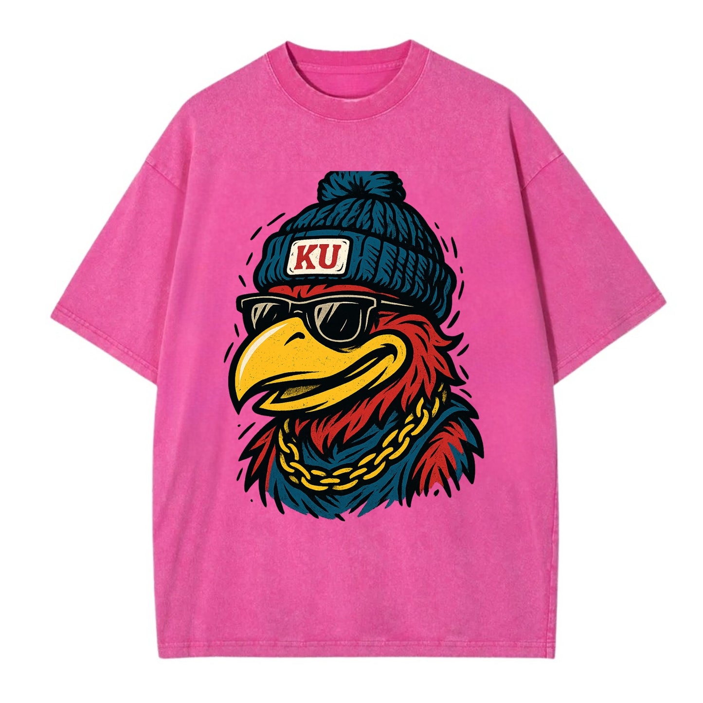 Lawrence Jayhawk wearing Kansas beanie with KU patch - Vintage T-shirt - Dusty Rose(Rose)