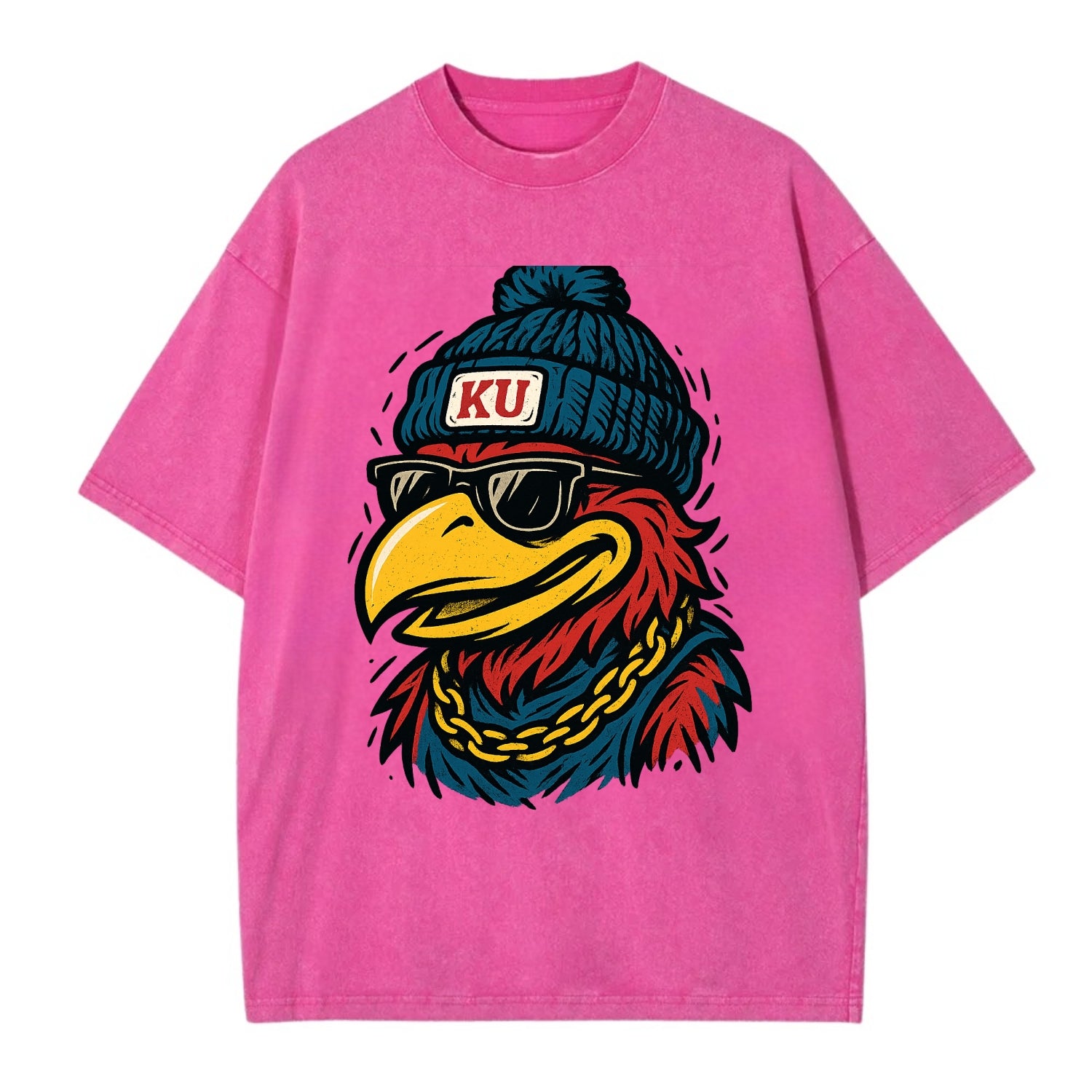 Lawrence Jayhawk wearing Kansas beanie with KU patch - Vintage T-shirt - Dusty Rose(Rose)