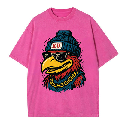 Lawrence Jayhawk wearing Kansas beanie with KU patch - Vintage T-shirt - Dusty Rose(Rose)